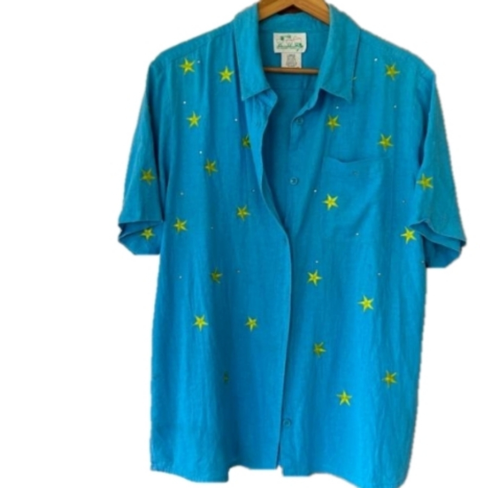 VTG QuackerFactory Linen Button Up SzLarge - Picture 1 of 5